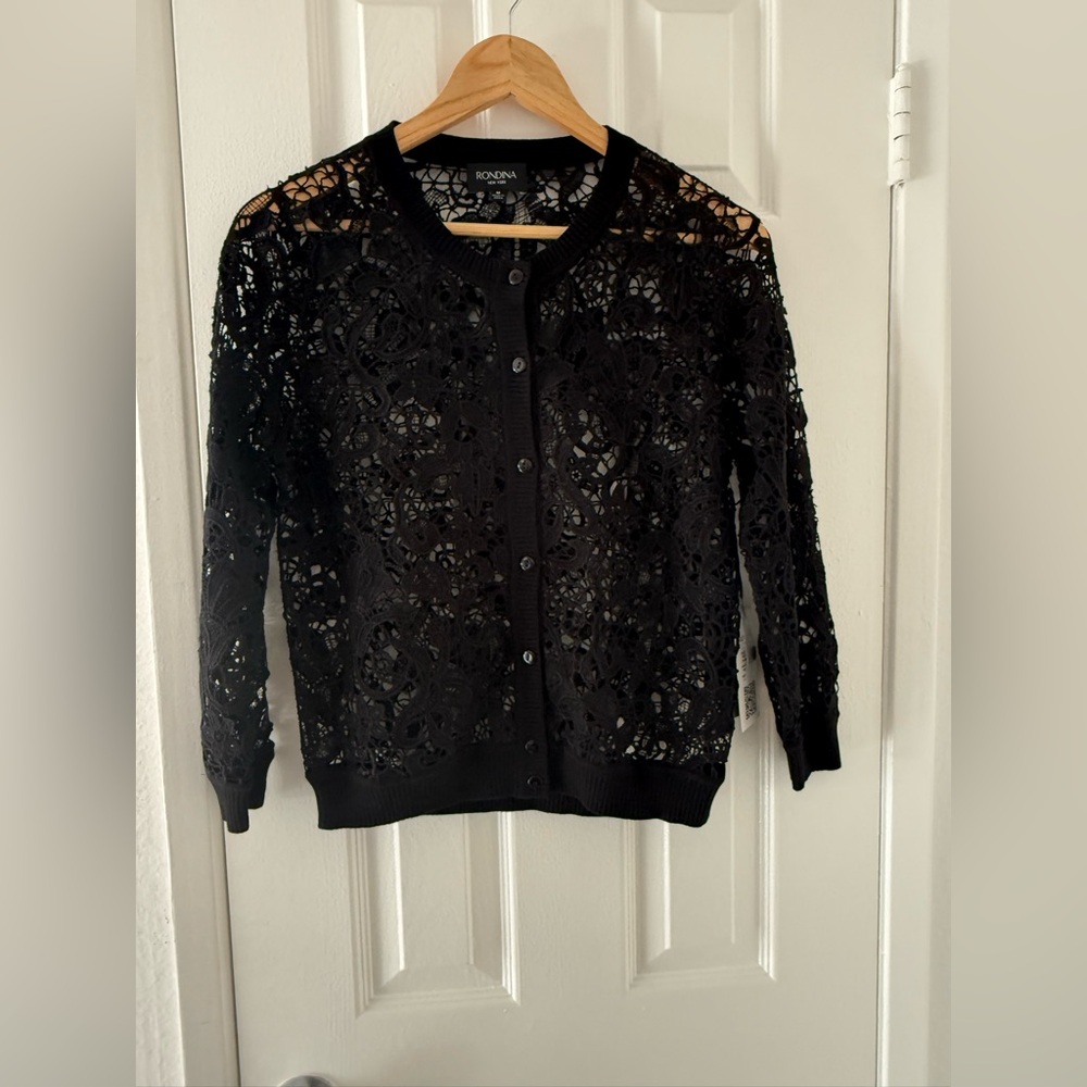 RONDINA Embroidered Lace Cardigan, Black, Size M, NWT